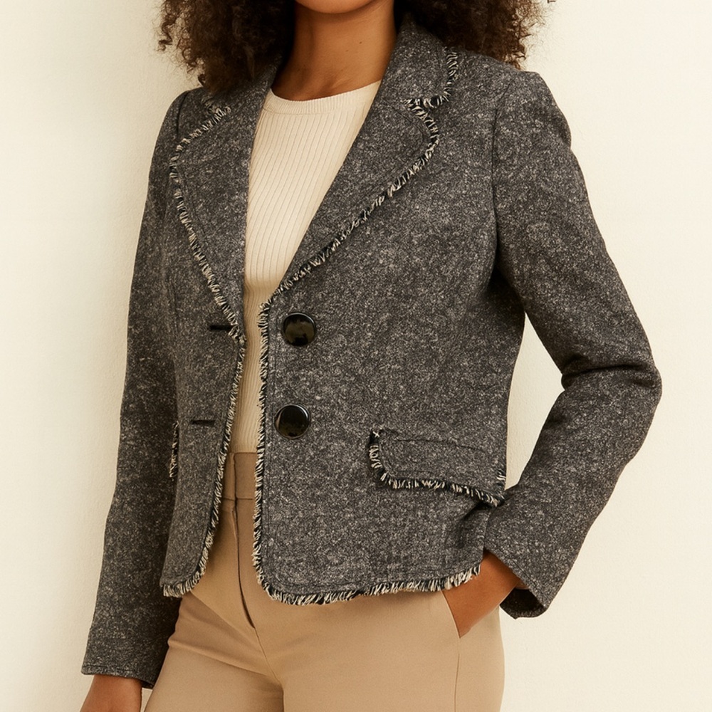 Caslon Womens Silk Wool Fringe Gray Button Blazer Jacket sz 10 career academia